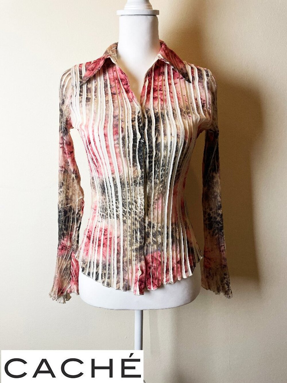 Vintage CACHÉ Y2K Pleated Floral & Animal Print Blouse Lightweight | Size S EUC